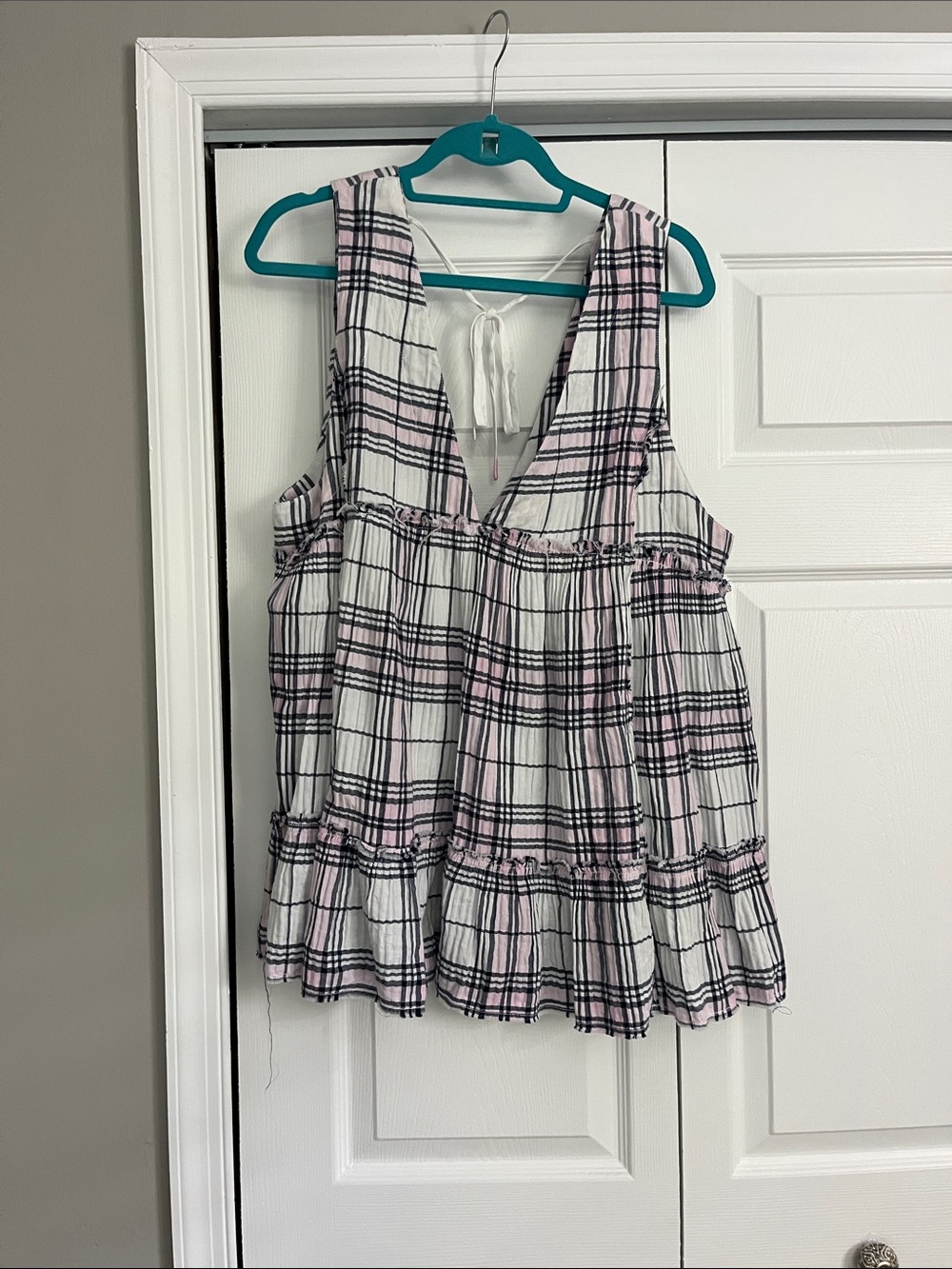 We The Free White Plaid Tank Top with Pink and Black Stripes